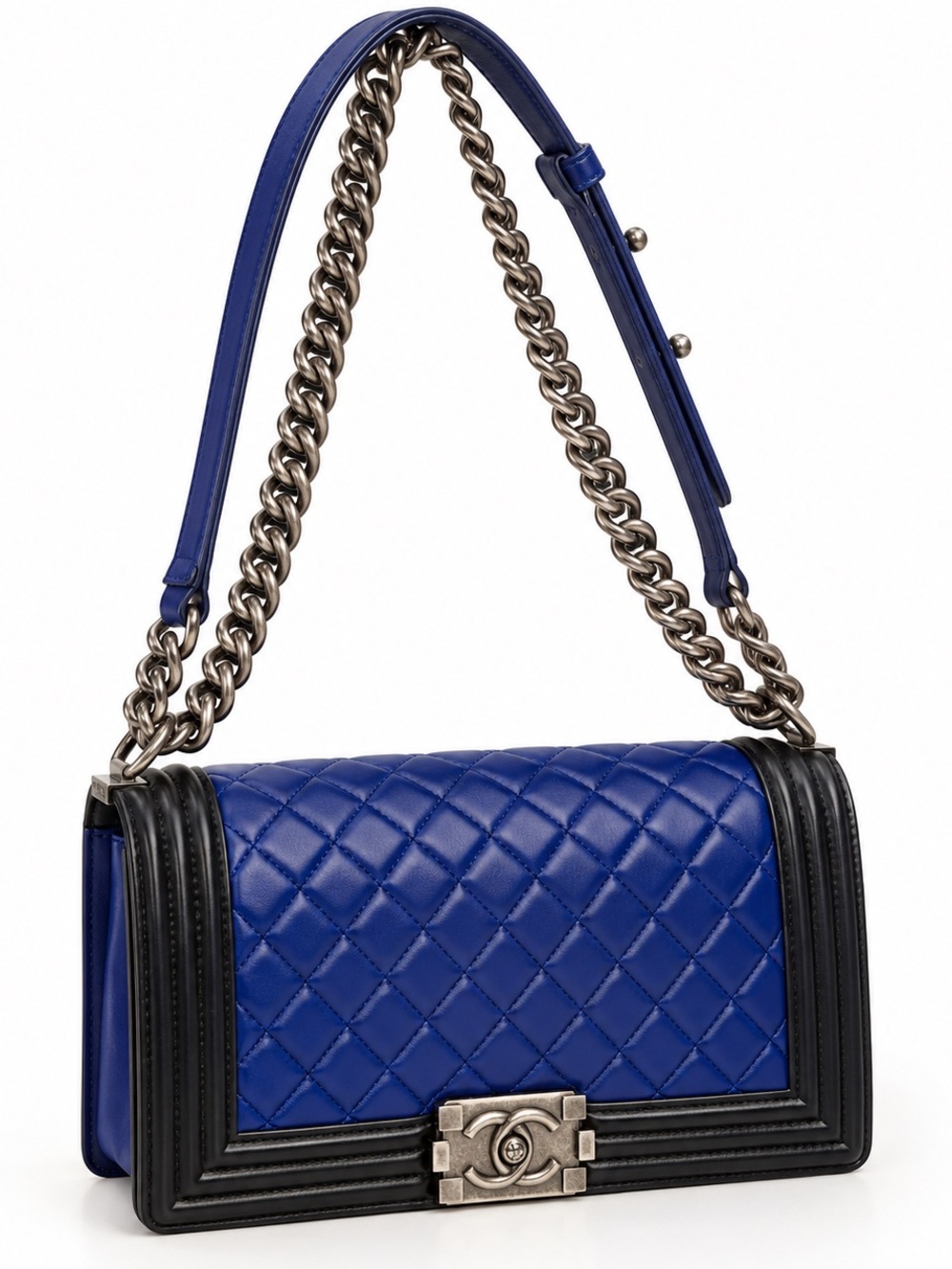 CHANEL Blue Quilted Leather Crossbody with Black Trim